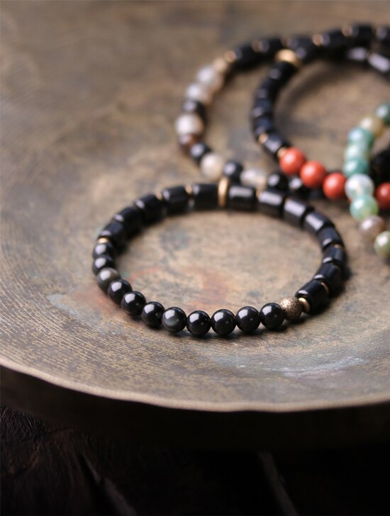 Ebony Wood and Stone Beads Bracelet, Red, Moss and Flower Agate