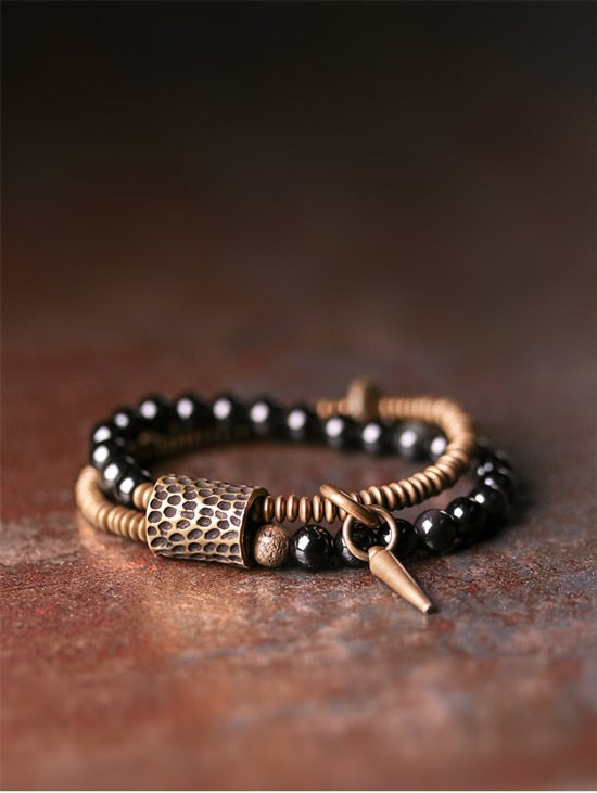 Two Row Bracelet, Obsidian and Hammered Brass Beads