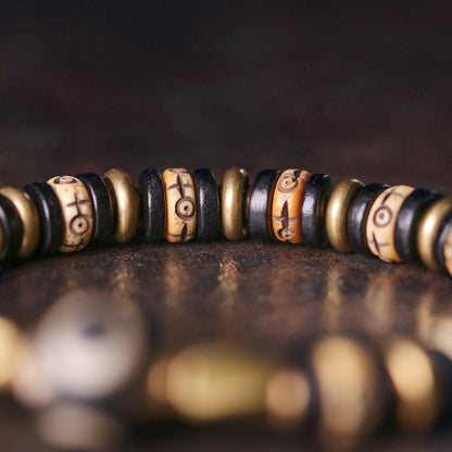 Tibetan OX Yak Bone and Ebony Wood Carved Beads Bracelet with Evil Eyes Charm