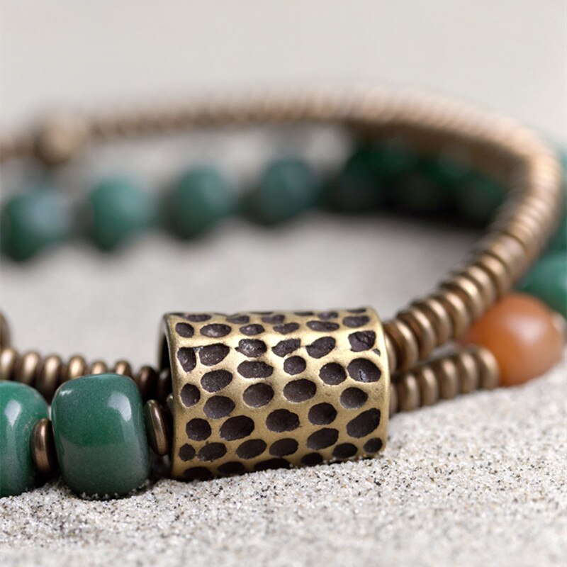 Two Row Stretch Bracelet, Stone and Brass Beads