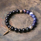 Tiger Eyed and Obsidian Beaded Bracelet, Copper Vajra Charm