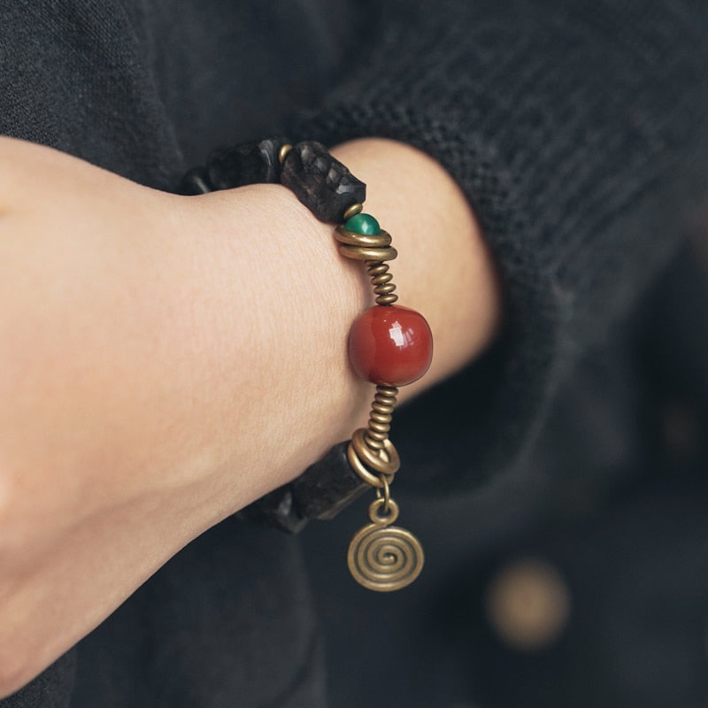 Carved Ebony Bead Bracelet, Gobi Agate Charm