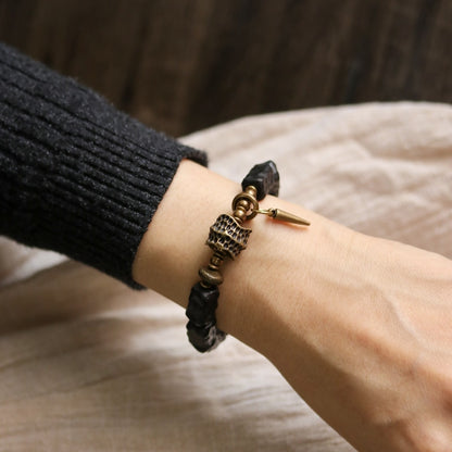 Black Ebony Wood Beads Bracelet With Design Brass Charm