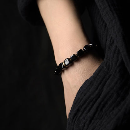 Cubic Black Obsidian Stone Bracelet With Brass Charm