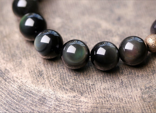 Bracelet Perles Obsidienne Noire Oeil-de-Tigre Doré