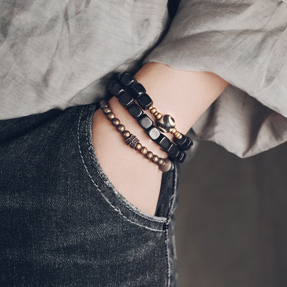 Two Set Suit Ebony Copper Bracelet, Oxidized Hammered Charm