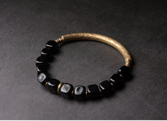 Cubic Black Obsidian Stone Bracelet With Brass Charm
