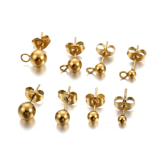 Gold Round Ball Earring Post Studs with Plugs, 20pcs
