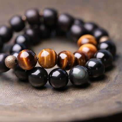 Golden Tiger-Eye Black Obsidian Beads Bracelet