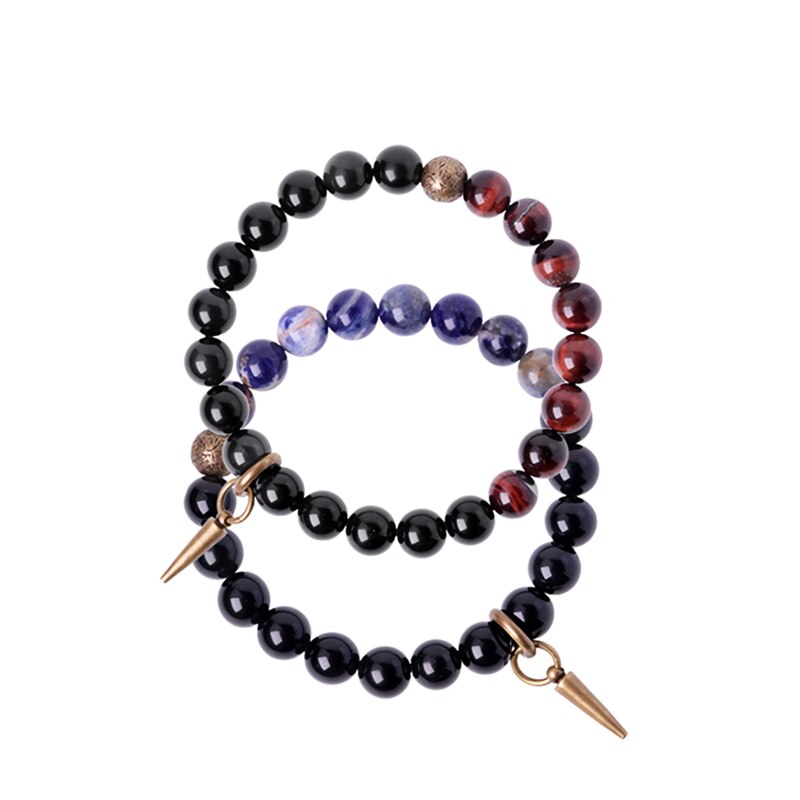 Tiger Eyed and Obsidian Beaded Bracelet, Copper Vajra Charm