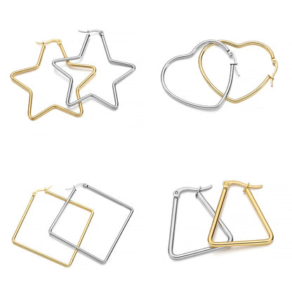 Gold Stainless Steel Earrings: Star, Square, Heart, 6Pcs