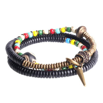 Bracelet en verre multicolore, bois d'ébène et perles tibétaines Dzi