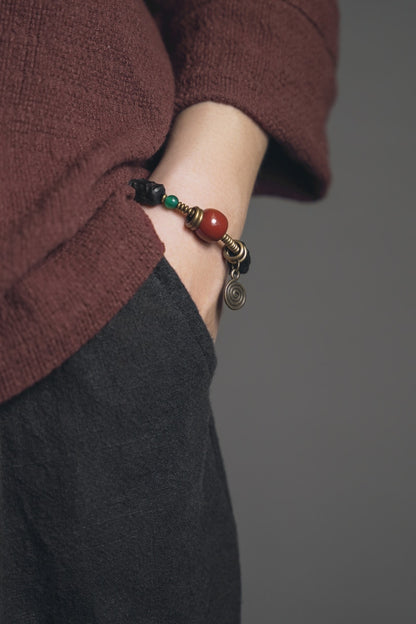 Carved Ebony Bead Bracelet, Gobi Agate Charm