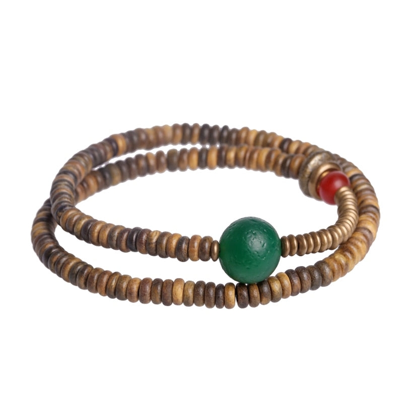 Wood and Onyx Multi-Row Bracelet, Red and Gold Stone Charm
