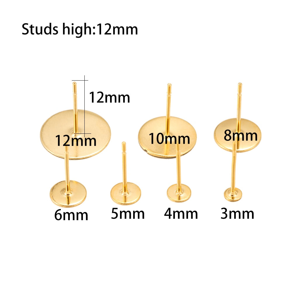 Base de clou de boucle d'oreille en acier inoxydable doré de 3 à 8 mm, 50 pièces