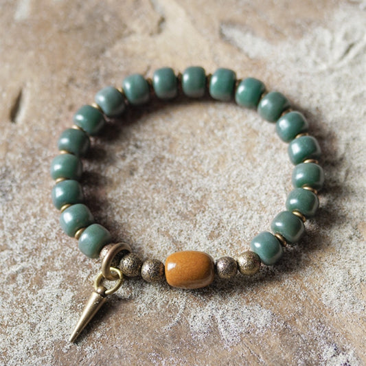 Natural Green Bodhi Seed Bracelet with Brass Metal Beads