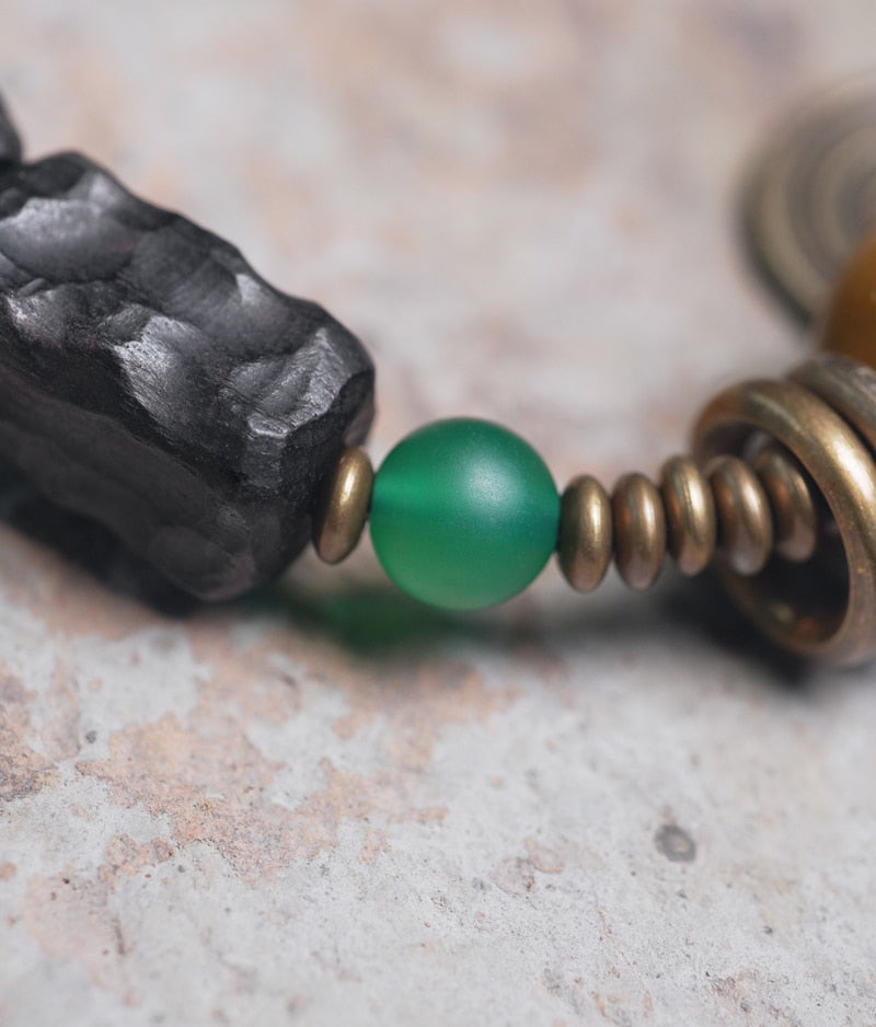 Carved Ebony Bead Bracelet, Gobi Agate Charm