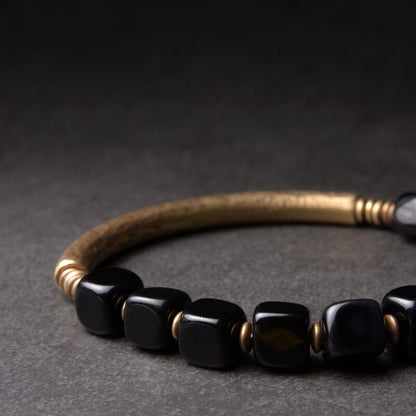 Cubic Black Obsidian Stone Bracelet With Brass Charm