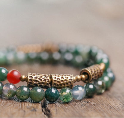 Moss Agate Beads Two Row Bracelet