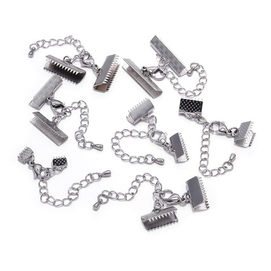 Stainless Steel Textured End Caps with Lobster Clasps, 5pcs