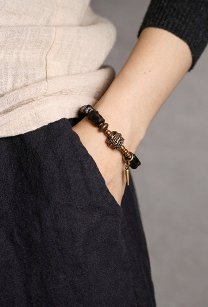 Black Ebony Wood Beads Bracelet With Design Brass Charm