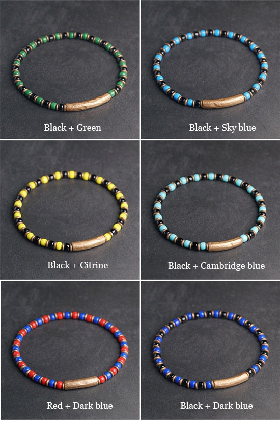 Multi Color Glaze Mini Beads Bracelet, Hammered Copper Charm