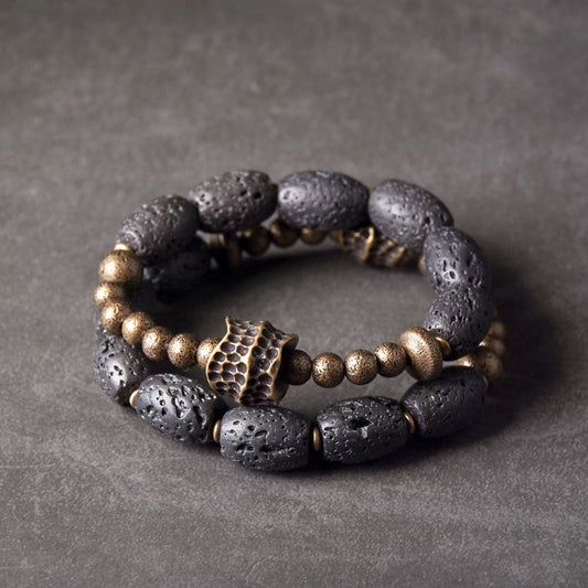 Bracelet de perles de charme en pierre de lave et en laiton baril