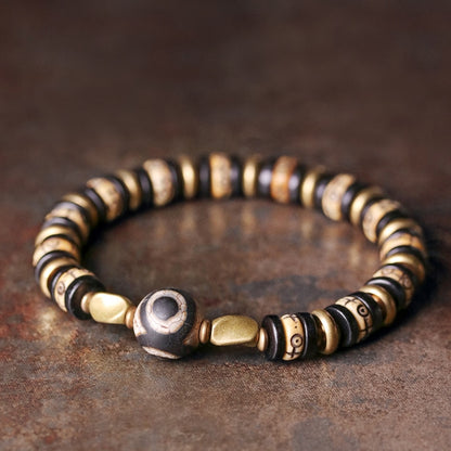 Tibetan OX Yak Bone and Ebony Wood Carved Beads Bracelet with Evil Eyes Charm