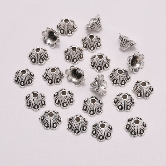 Capuchons de perles de fleurs antiques tibétaines à 6 pétales de 8 mm, 50 pièces