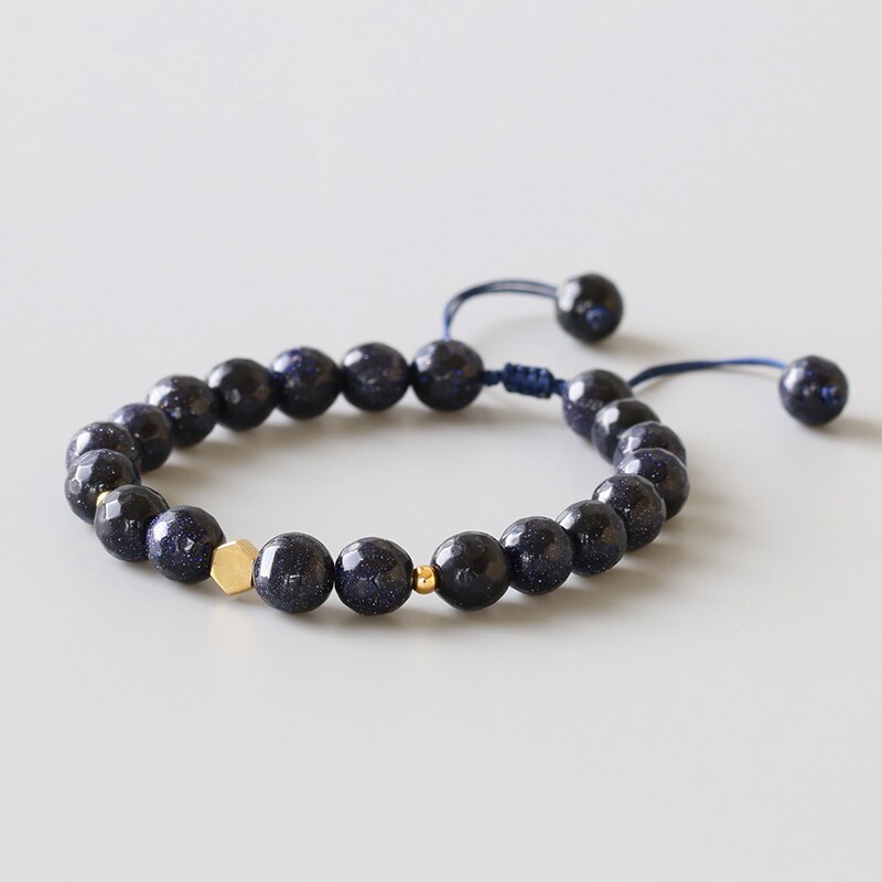 Blue Sandstone Beads and Gilted Hexagon Charm Adjustable Bracelet