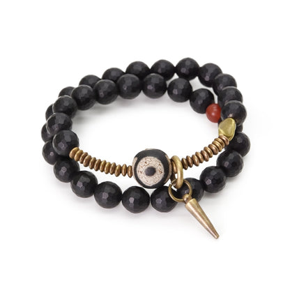 Faced Black Onyx Tibetan Bead Bracelet