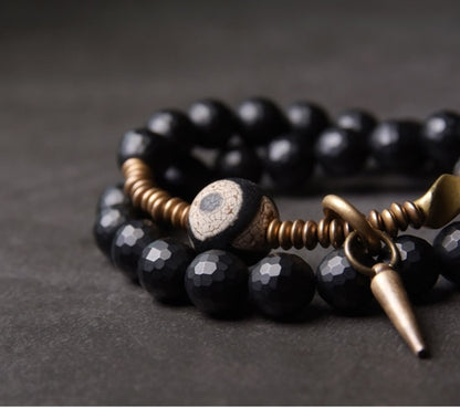 Faced Black Onyx Tibetan Bead Bracelet