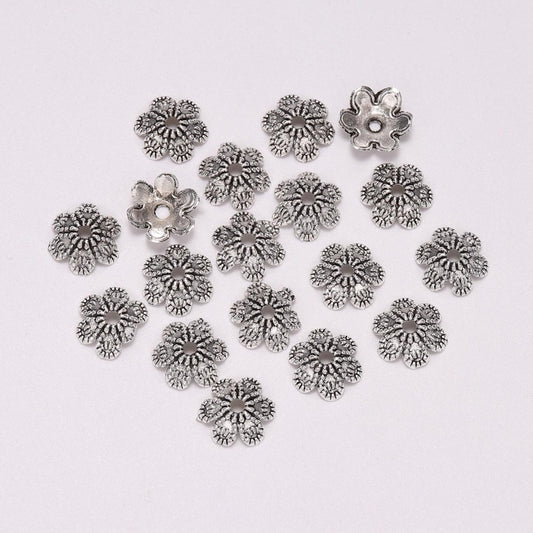 10 mm 6-blättrige antike Blumenperlenkappen, 50 Stück
