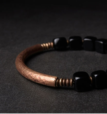 Bracelet made of Cubic Black Obsidian Beads with Antique copper