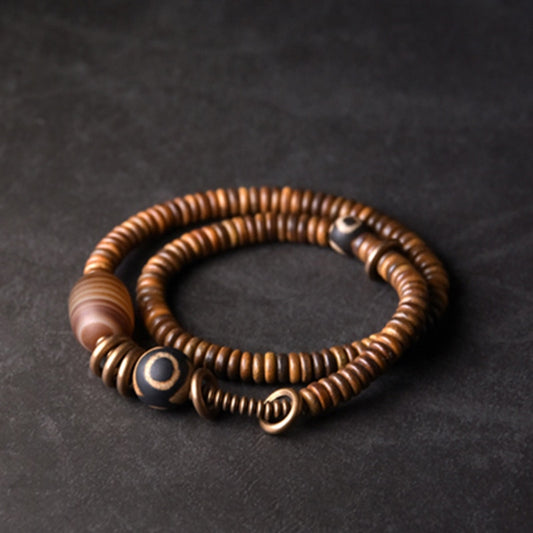 Bracelet multicouche, Verawood et perle tibétaine en cuivre vintage
