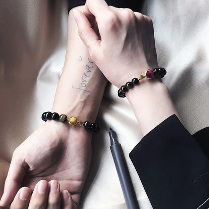 Tiger Eyes  and Black Obsidian Beads Couple Bracelet