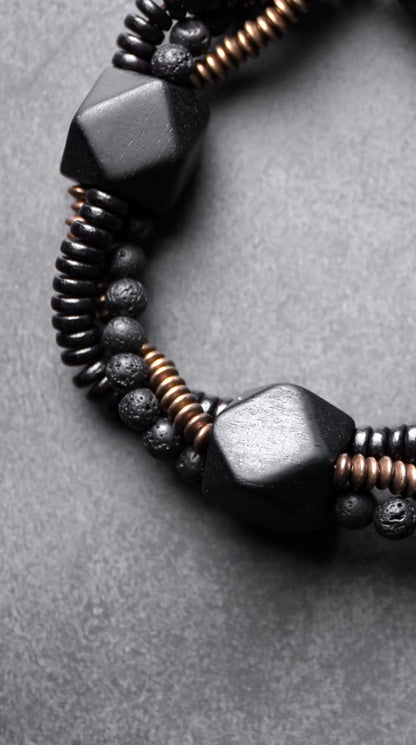 Mix Black Wood Ebony and Copper Beads Bracelet