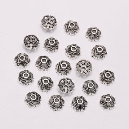 Capuchons de perles de fleurs creuses tibétaines à 6 pétales de 8 mm, 50 pièces