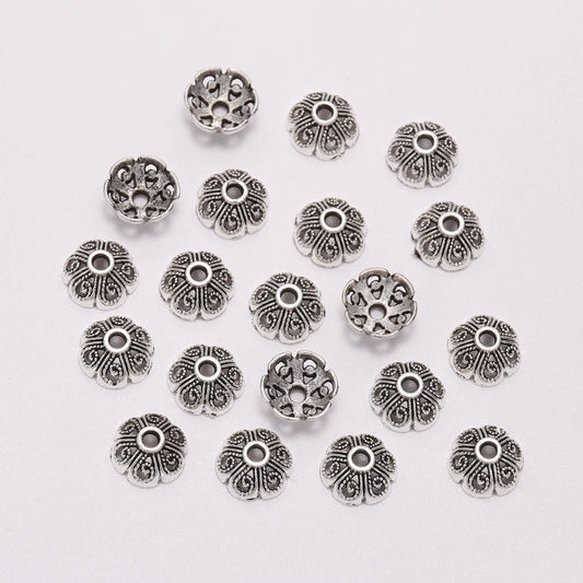 Capuchons de perles de fleurs creuses tibétaines à 6 pétales de 8 mm, 50 pièces