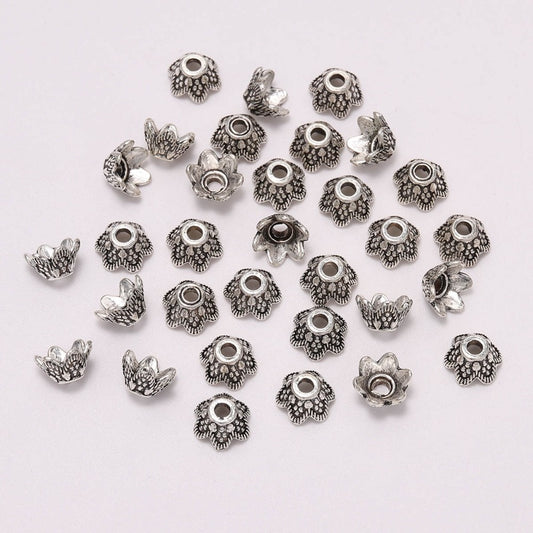 Capuchons de perles de fleurs sculptées à 6 pétales de 7 mm, 50 pièces