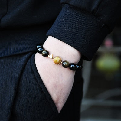 Tiger Eyes  and Black Obsidian Beads Couple Bracelet