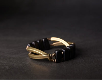 Two Row Bracelet, Ebony Wood and Copper Alloy Beads