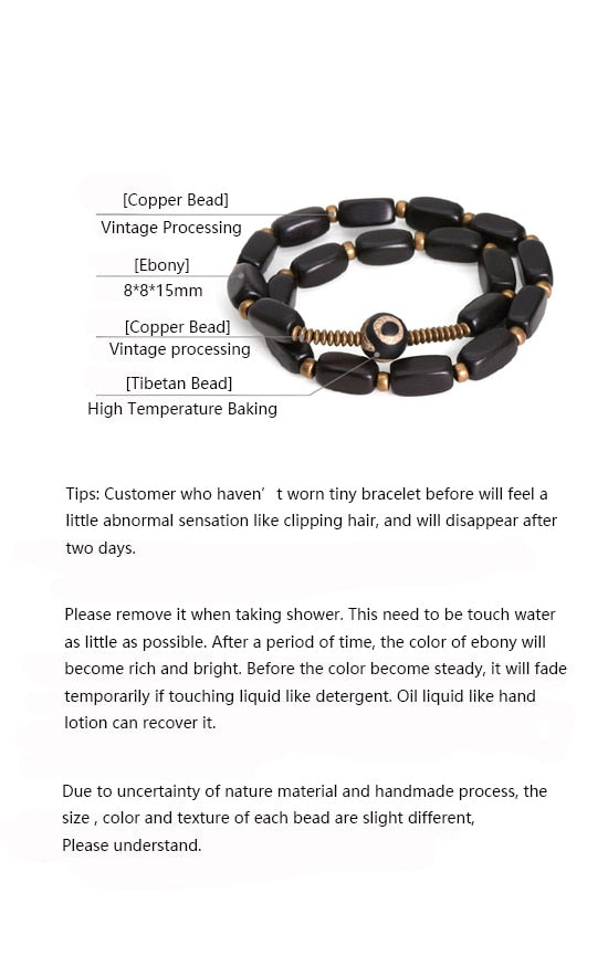 Bracelet multicouches en bois noir et perles de cuivre