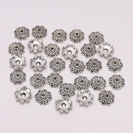Capuchons de perles de fleurs sculptées antiques de 10 mm, 50 pièces