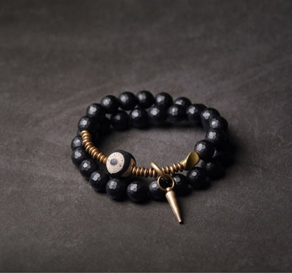 Faced Black Onyx Tibetan Bead Bracelet