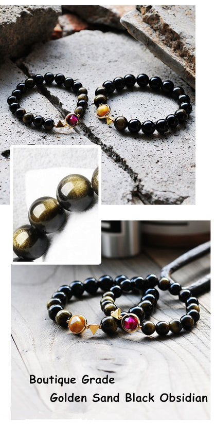 Tiger Eyes  and Black Obsidian Beads Couple Bracelet