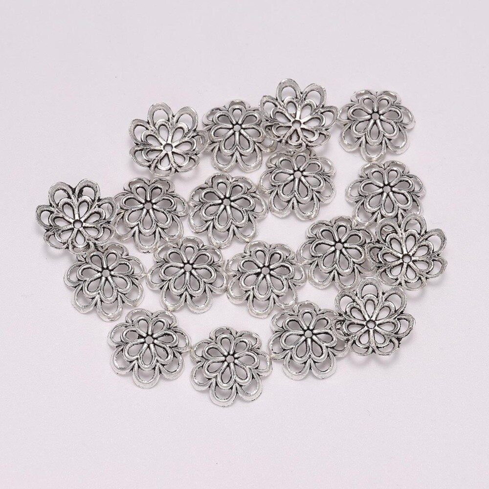 14mm 8-Petal Double Flower Antique Bead Caps, 20pcs