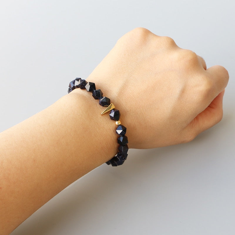 Faceted Blue Sandstone Bracelet with S925 Sterling Triangle Charm