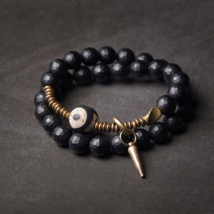 Faced Black Onyx Tibetan Bead Bracelet