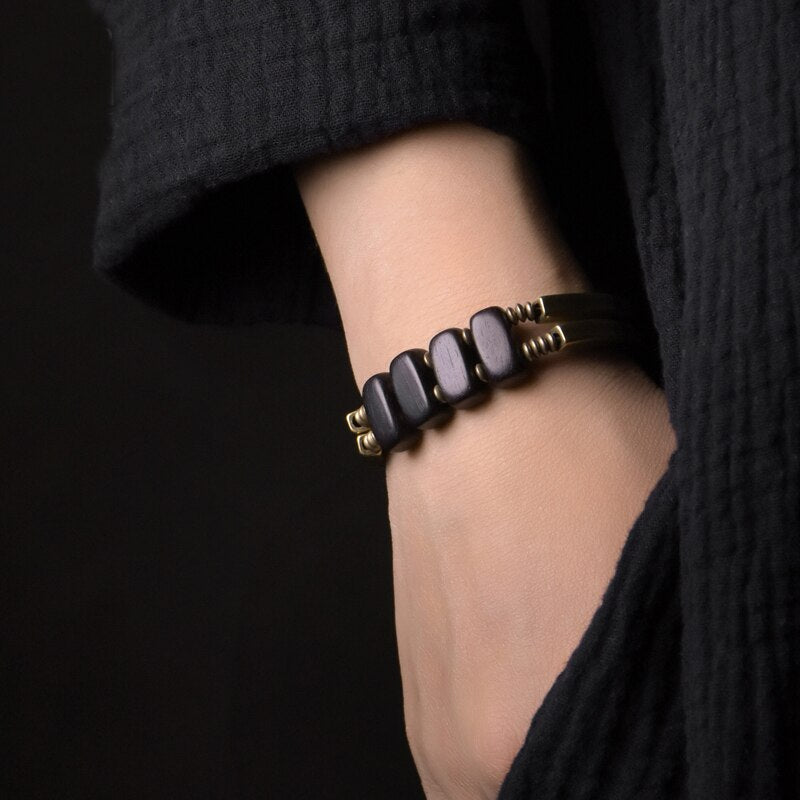 Two Row Bracelet, Ebony Wood and Copper Alloy Beads